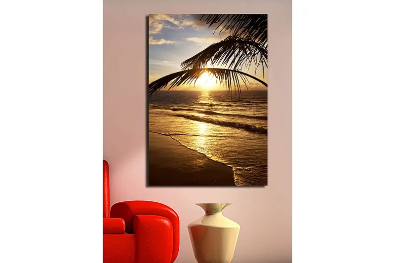 Canvas taulu 70x100 cm - Auringonlasku meren yllä, palmuja etualalla - Kulta / Oranssi / Ruskea - Sisustustuotteet - Taulu & taide - Canvas-taulu