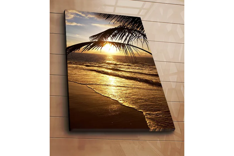 Canvas taulu 70x100 cm - Auringonlasku meren yllä, palmuja etualalla - Kulta / Oranssi / Ruskea - Sisustustuotteet - Taulu & taide - Canvas-taulu