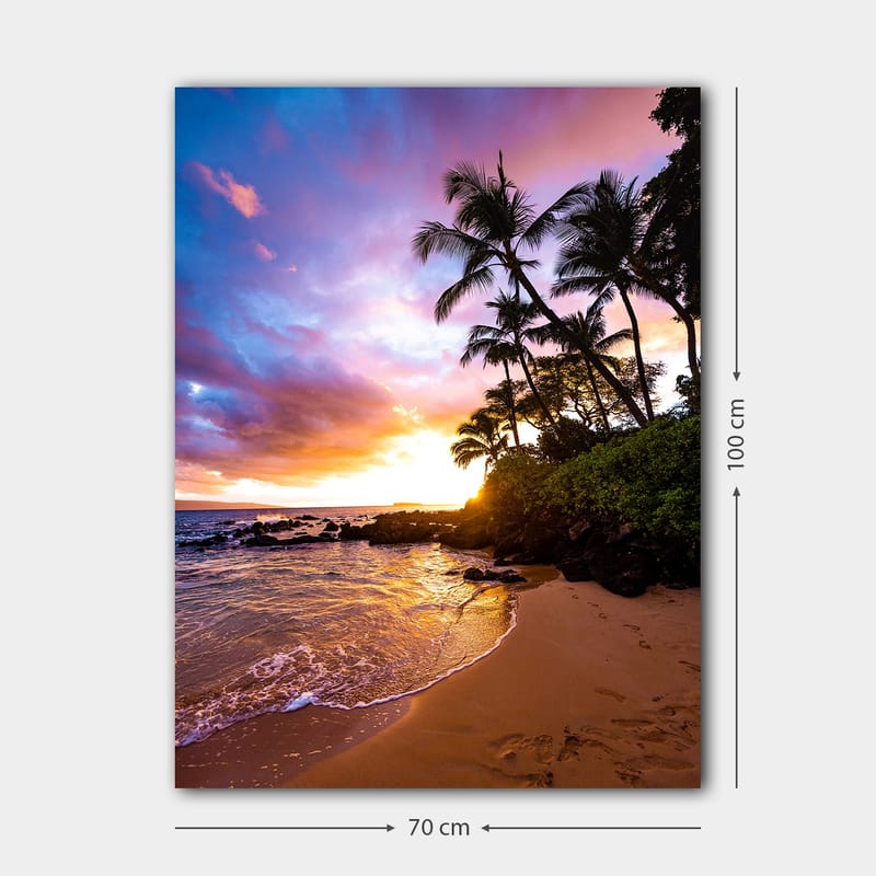 Canvas taulu 70x100 cm - Auringonlasku rannalla, värikkäiden pilvien reunustamat palmut - Violetti / Oranssi / Vihreä - Sisustustuotteet - Taulu & taide - Canvas-taulu