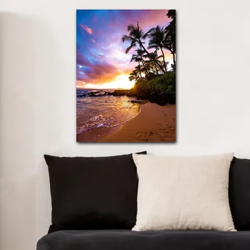 Canvas taulu 70x100 cm - Auringonlasku rannalla, värikkäiden pilvien reunustamat palmut - Violetti / Oranssi / Vihreä - Sisustustuotteet - Taulu & taide - Canvas-taulu