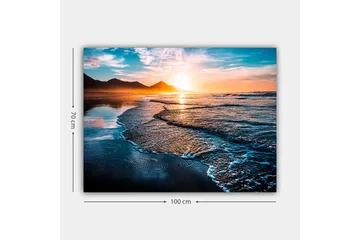 Canvas taulu 70x100 cm - Auringonlasku rannalla lempeiden aaltojen vyöryessä kohti rannikkoa - Sininen / Oranssi / Turkoosi - Sisustustuotteet - Taulu & taide - Canvas-taulu