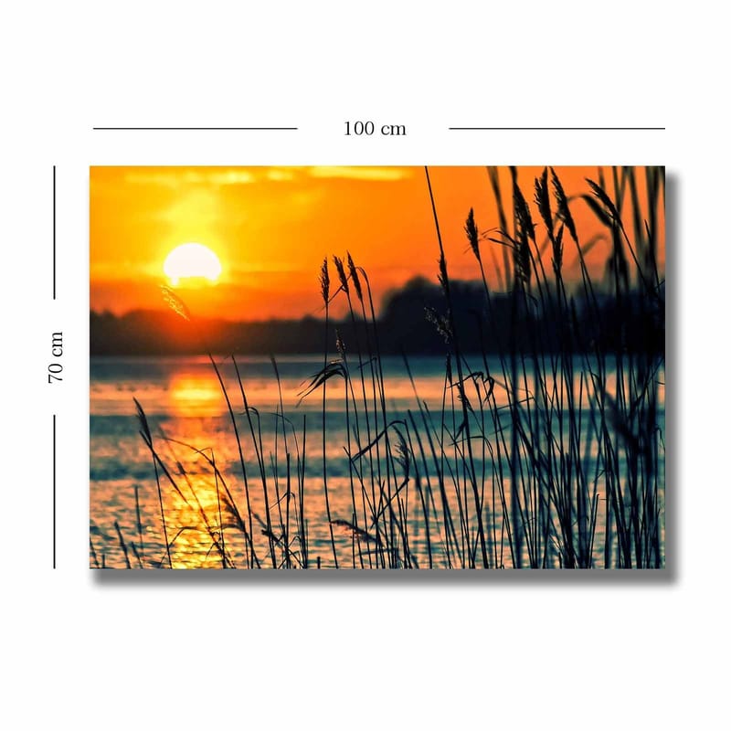 Canvas taulu 70x100 cm - Auringonlasku tyynen veden pinnan yllä, ruoho huojuu tuulessa - Oranssi / Sininen / Musta - Sisustustuotteet - Taulu & taide - Canvas-taulu
