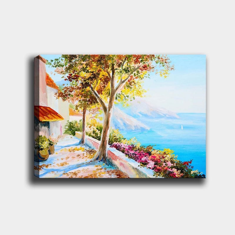 Canvas taulu 70x100 cm - Aurinkoinen rannikkokävely värikkäiden puiden ja kukkien kanssa alas merelle, Sininen / Vihreä / Oranssi