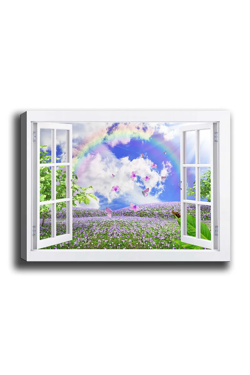 Canvas taulu 70x100 cm - Avoimen ikkunan näkymä kukkivalla niityllä, perhosilla ja sateenkaarella sinisen taivaan alla, Violetti / Vihreä / Sininen