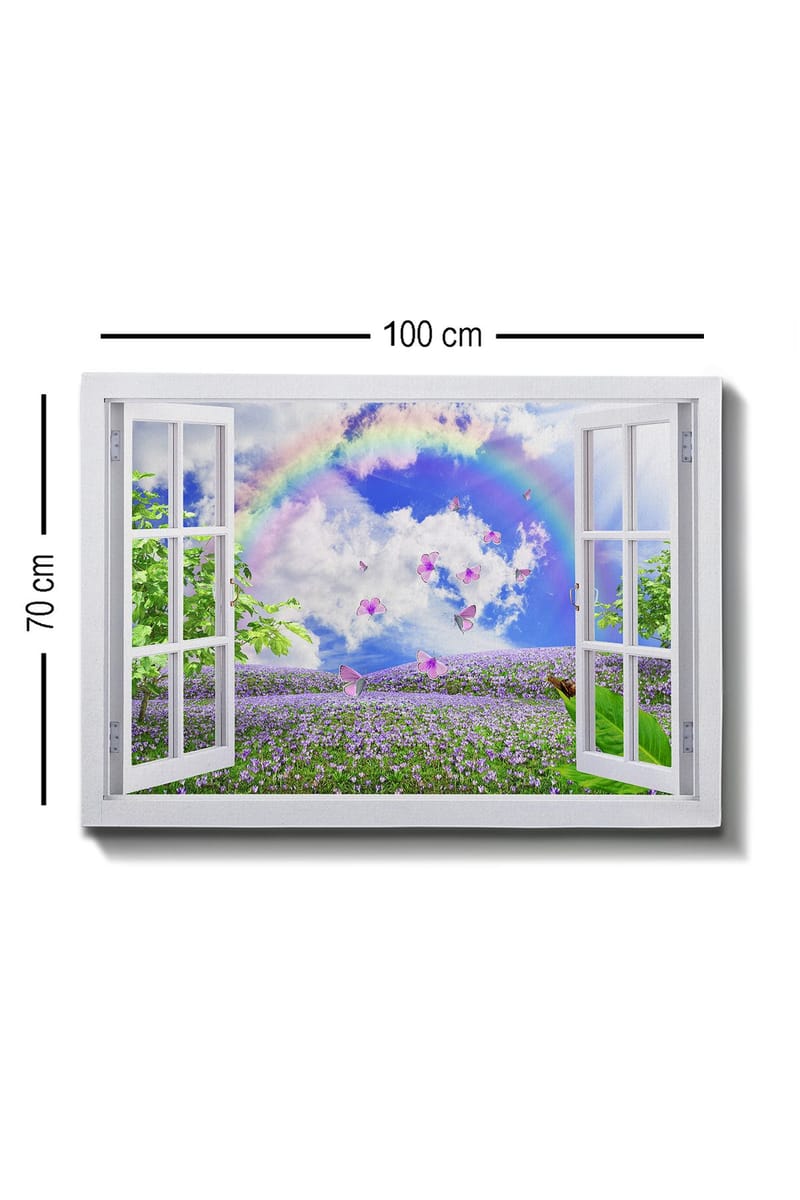 Canvas taulu 70x100 cm - Avoimen ikkunan näkymä kukkivalla niityllä, perhosilla ja sateenkaarella sinisen taivaan alla - Violetti / Vihreä / Sininen - Sisustustuotteet - Taulu & taide - Canvas-taulu