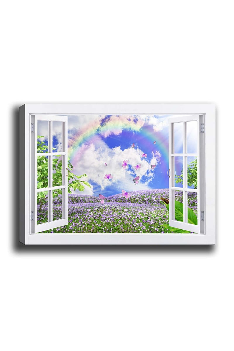 Canvas taulu 70x100 cm - Avoimen ikkunan näkymä kukkivalla niityllä, perhosilla ja sateenkaarella sinisen taivaan alla, Violetti / Vihreä / Sininen