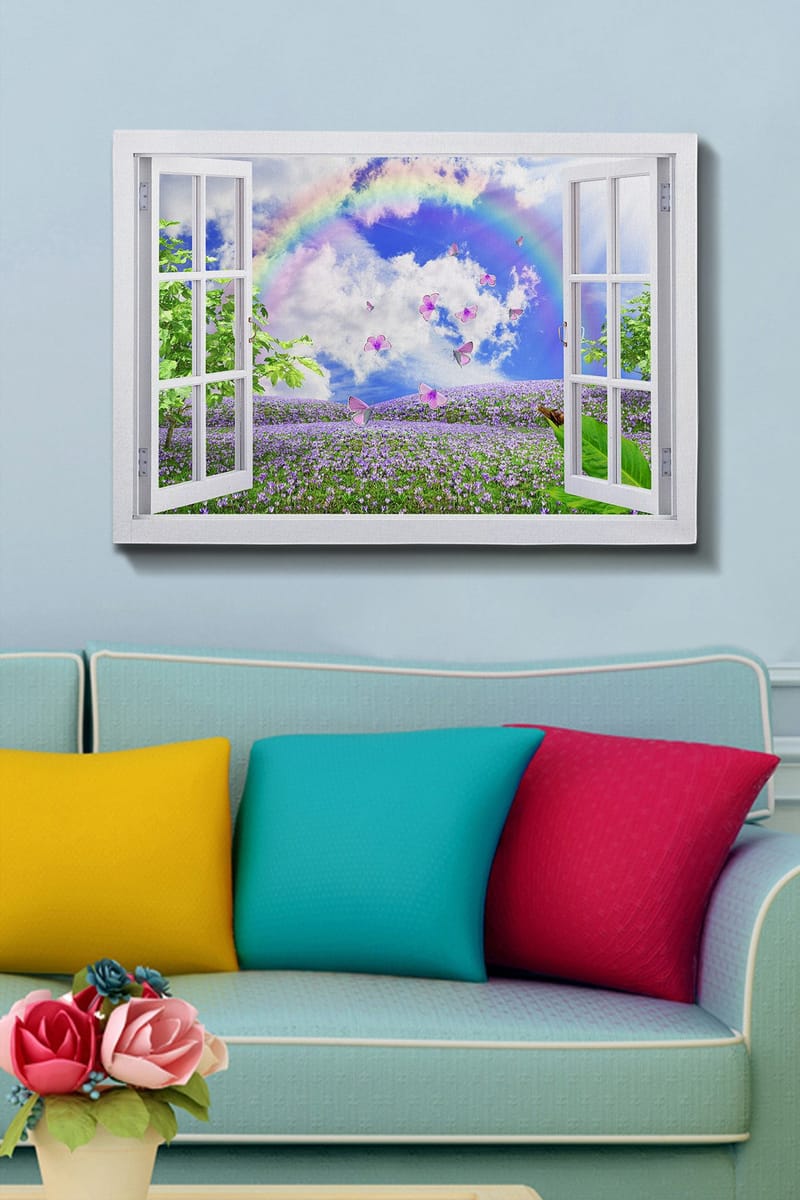 Canvas taulu 70x100 cm - Avoimen ikkunan näkymä kukkivalla niityllä, perhosilla ja sateenkaarella sinisen taivaan alla - Violetti / Vihreä / Sininen - Sisustustuotteet - Taulu & taide - Canvas-taulu