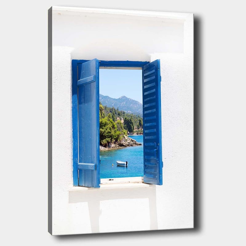 Canvas taulu 70x100 cm - Avoin ikkunaluukku, josta avautuu näkymä siniselle järvelle ja ympäröivään vehreyteen, Sininen / Vihreä / Valkoinen