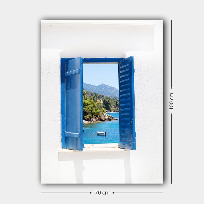 Canvas taulu 70x100 cm - Avoin ikkunaluukku, josta avautuu näkymä siniselle järvelle ja ympäröivään vehreyteen - Sininen / Vihreä / Valkoinen - Sisustustuotteet - Taulu & taide - Canvas-taulu