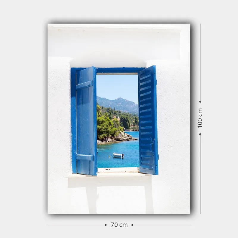 Canvas taulu 70x100 cm - Avoin ikkunaluukku, josta avautuu näkymä siniselle järvelle ja ympäröivään vehreyteen - Sininen / Vihreä / Valkoinen - Sisustustuotteet - Taulu & taide - Canvas-taulu