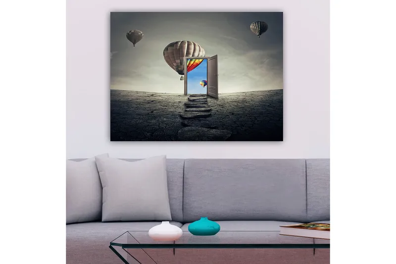 Canvas taulu 70x100 cm - Avoin ovi värikkäälle taivaalle ja kuumailmapallojen leijuessa karun maiseman yllä, Harmaa / Beige / Punainen