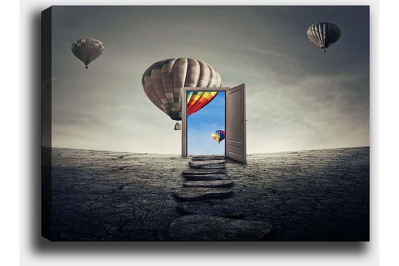 Canvas taulu 70x100 cm - Avoin ovi värikkäälle taivaalle ja kuumailmapallojen leijuessa karun maiseman yllä - Harmaa / Beige / Punainen - Sisustustuotteet - Taulu & taide - Canvas-taulu