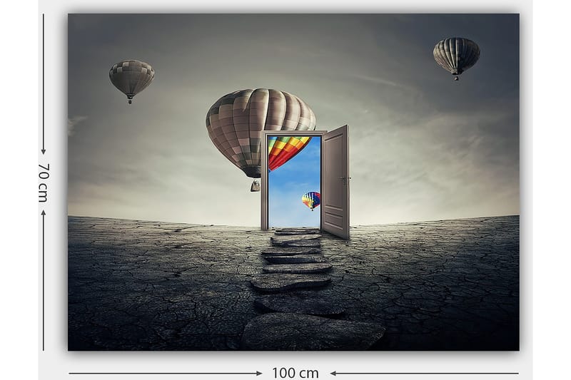 Canvas taulu 70x100 cm - Avoin ovi värikkäälle taivaalle ja kuumailmapallojen leijuessa karun maiseman yllä - Harmaa / Beige / Punainen - Sisustustuotteet - Taulu & taide - Canvas-taulu
