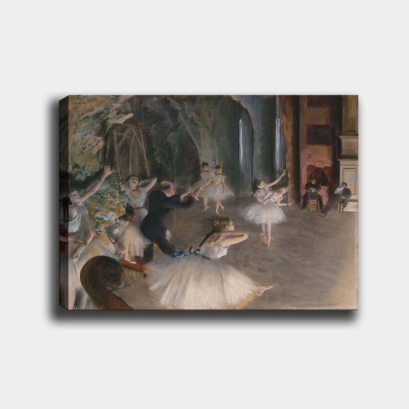 Canvas taulu 70x100 cm - Balettiesitys, jossa tanssijat tutu-pukuasussa harjoittelevat koreografin ohjauksessa, Vaaleansininen / Valkoinen / Beige