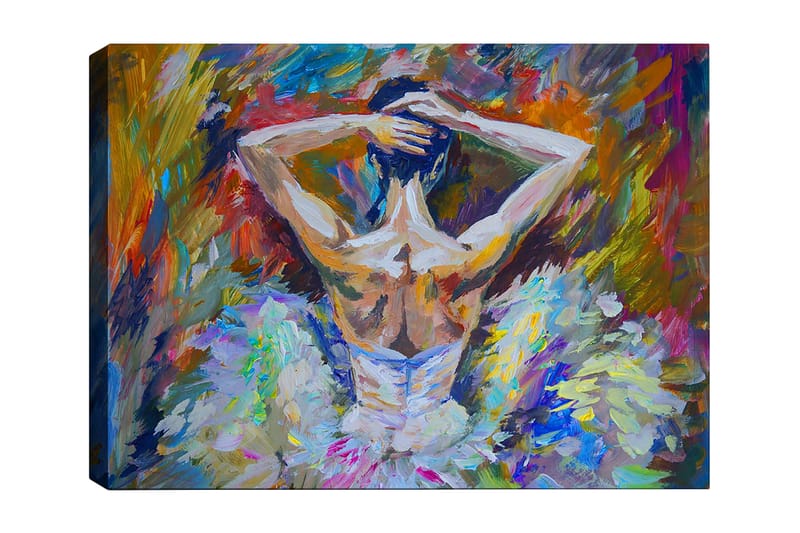 Canvas taulu 70x100 cm - Balettitanssija takaapäin kuvattuna ylös laitetut hiukset ja elegantti kirkkaanvärinen mekko - Valkoinen / Vaaleansininen / Oranssi - Sisustustuotteet - Taulu & taide - Canvas-taulu