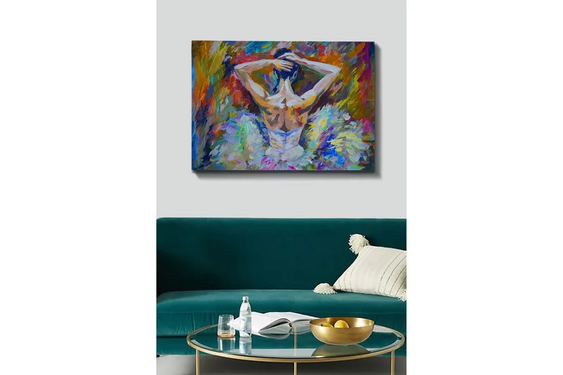 Canvas taulu 70x100 cm - Balettitanssija takaapäin kuvattuna ylös laitetut hiukset ja elegantti kirkkaanvärinen mekko - Valkoinen / Vaaleansininen / Oranssi - Sisustustuotteet - Taulu & taide - Canvas-taulu