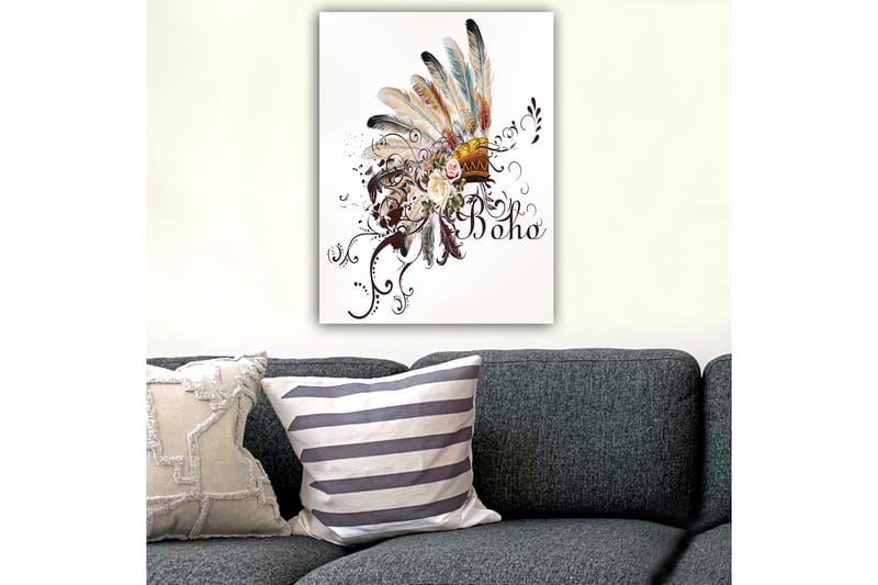 Canvas taulu 70x100 cm - Boheemi höyhenpäähine kukilla ja koriste-elementeillä - Beige / Ruskea / Vaaleanpunainen - Sisustustuotteet - Taulu & taide - Canvas-taulu