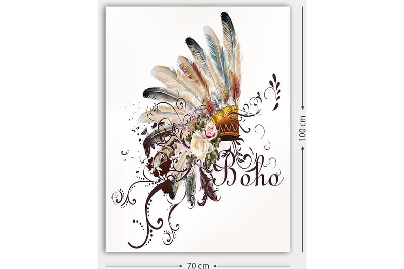 Canvas taulu 70x100 cm - Boheemi höyhenpäähine kukilla ja koriste-elementeillä - Beige / Ruskea / Vaaleanpunainen - Sisustustuotteet - Taulu & taide - Canvas-taulu