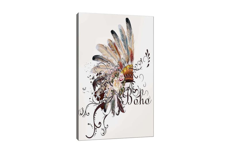 Canvas taulu 70x100 cm - Boheemi höyhenpäähine kukilla ja koriste-elementeillä, Beige / Ruskea / Vaaleanpunainen