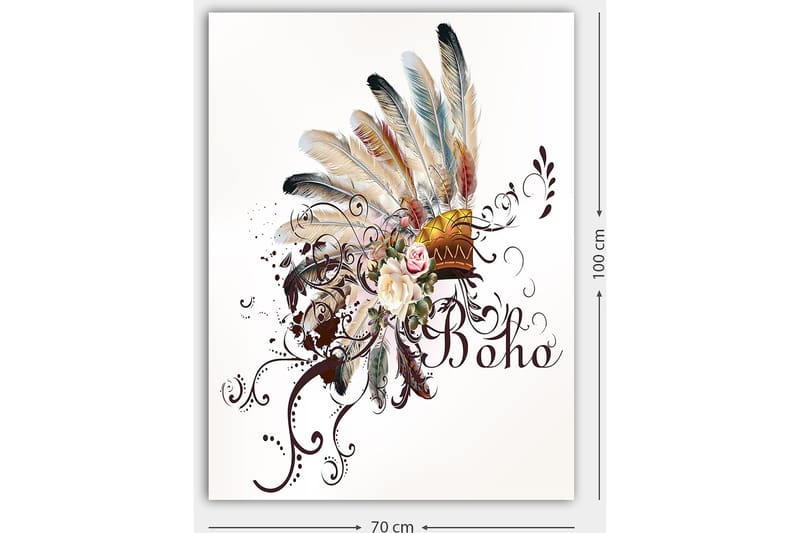 Canvas taulu 70x100 cm - Boheemi höyhenpäähine kukilla ja koriste-elementeillä - Beige / Ruskea / Vaaleanpunainen - Sisustustuotteet - Taulu & taide - Canvas-taulu