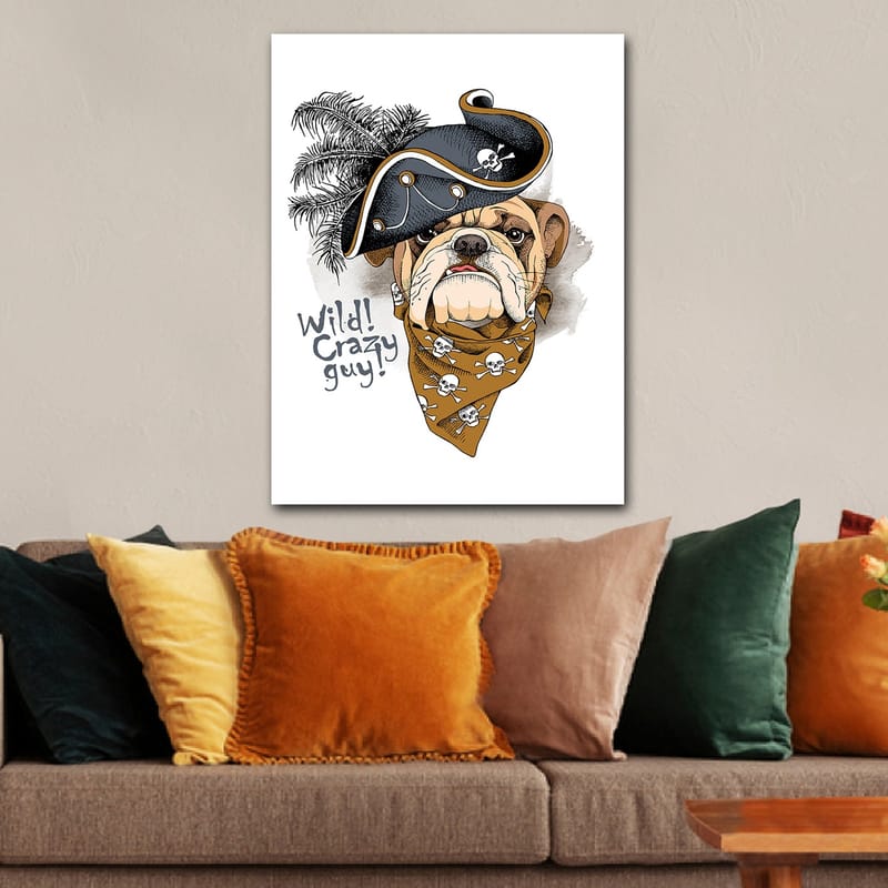 Canvas taulu 70x100 cm - Bulldoggi merirosvohatussa ja bandanassa, jossa kalloja - Beige / Musta / Oranssi - Sisustustuotteet - Taulu & taide - Canvas-taulu