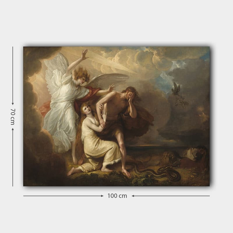 Canvas taulu 70x100 cm - Dramaattinen kohtaus, jossa enkeli suojelee miestä ja naista uhkaavalta tilanteelta - Valkoinen / Beige / Punainen - Sisustustuotteet - Taulu & taide - Canvas-taulu