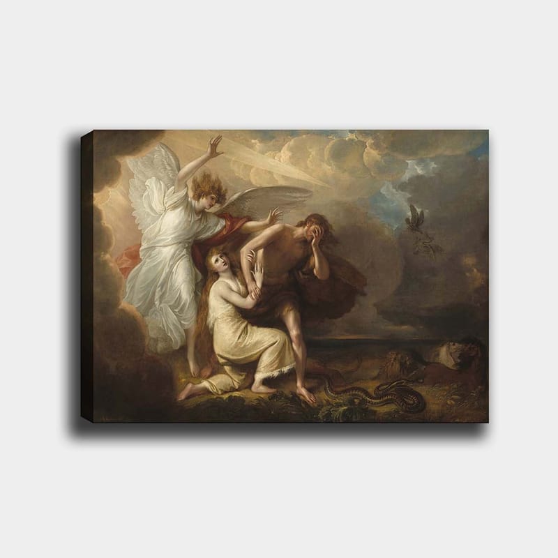 Canvas taulu 70x100 cm - Dramaattinen kohtaus, jossa enkeli suojelee miestä ja naista uhkaavalta tilanteelta, Valkoinen / Beige / Punainen