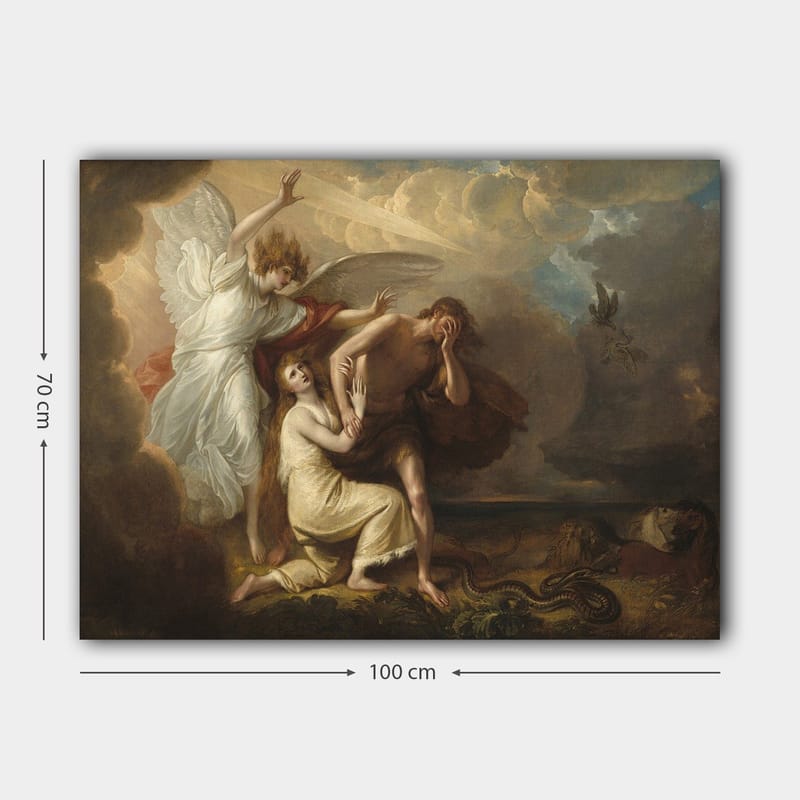 Canvas taulu 70x100 cm - Dramaattinen kohtaus, jossa enkeli suojelee miestä ja naista uhkaavalta tilanteelta - Valkoinen / Beige / Punainen - Sisustustuotteet - Taulu & taide - Canvas-taulu