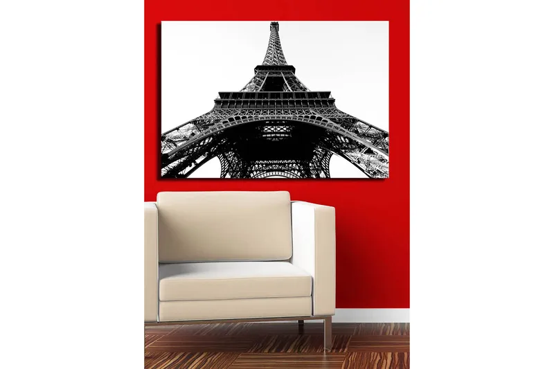 Canvas taulu 70x100 cm - Dramaattinen näkymä Eiffel-tornista alhaalta katsottuna - Musta / Valkoinen - Sisustustuotteet - Taulu & taide - Canvas-taulu