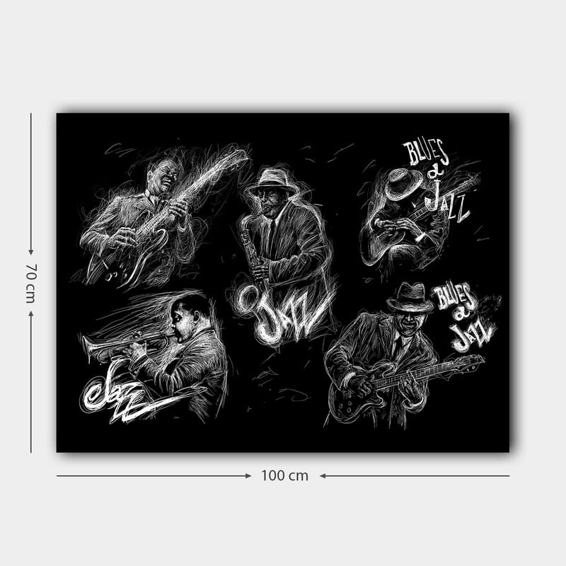 Canvas taulu 70x100 cm - Dynaaminen kuvaus jazzmuusikoista, jotka soittavat erilaisia instrumentteja energisessä sävellyksessä - Musta / Valkoinen - Sisustustuotteet - Taulu & taide - Canvas-taulu
