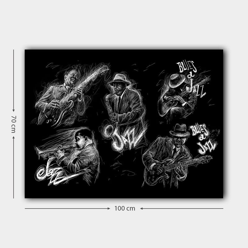 Canvas taulu 70x100 cm - Dynaaminen kuvaus jazzmuusikoista, jotka soittavat erilaisia instrumentteja energisessä sävellyksessä - Musta / Valkoinen - Sisustustuotteet - Taulu & taide - Canvas-taulu