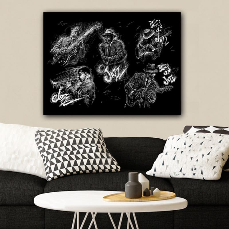 Canvas taulu 70x100 cm - Dynaaminen kuvaus jazzmuusikoista, jotka soittavat erilaisia instrumentteja energisessä sävellyksessä - Musta / Valkoinen - Sisustustuotteet - Taulu & taide - Canvas-taulu