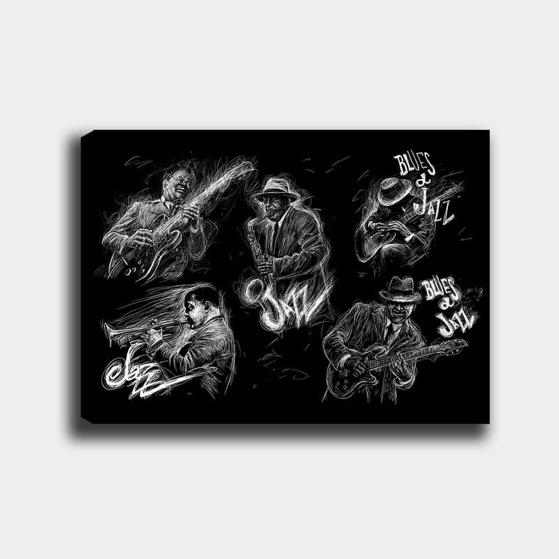 Canvas taulu 70x100 cm - Dynaaminen kuvaus jazzmuusikoista, jotka soittavat erilaisia instrumentteja energisessä sävellyksessä, Musta / Valkoinen