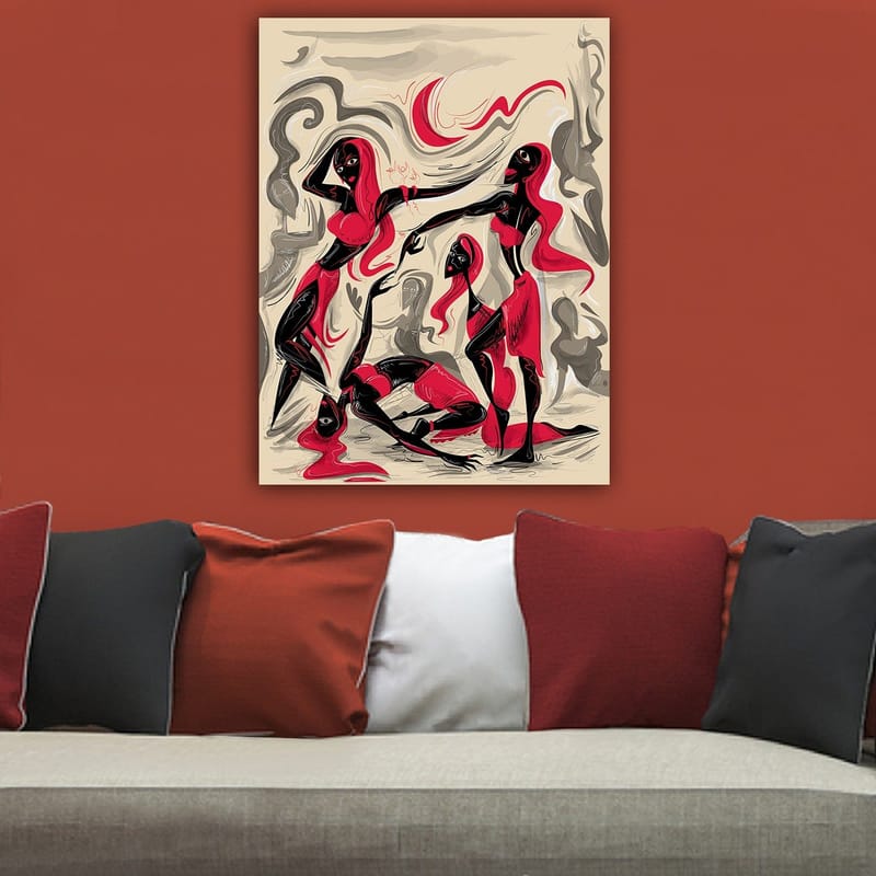 Canvas taulu 70x100 cm - Dynaaminen naisryhmä liikkeessä ilmaisemassa tunteita ja yhteenkuuluvuutta - Punainen / Musta / Beige - Sisustustuotteet - Taulu & taide - Canvas-taulu