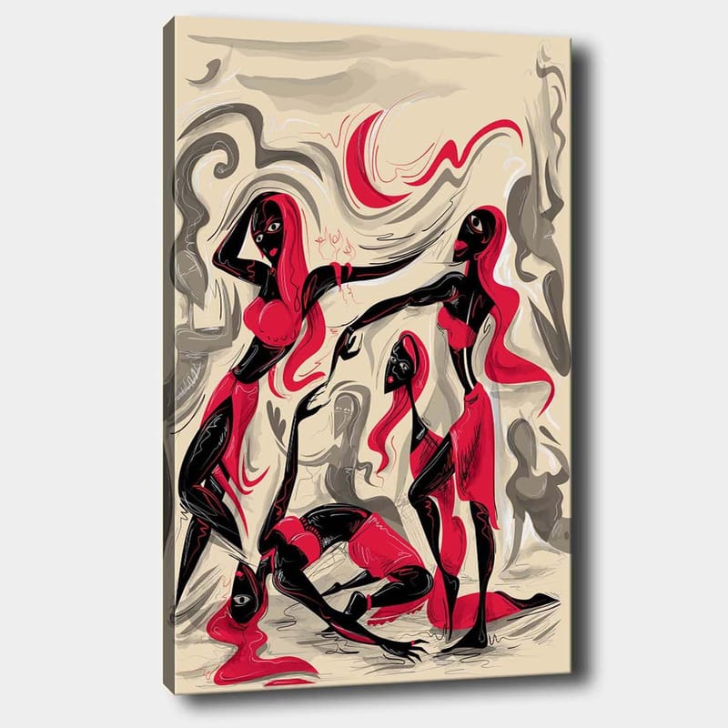 Canvas taulu 70x100 cm - Dynaaminen naisryhmä liikkeessä ilmaisemassa tunteita ja yhteenkuuluvuutta, Punainen / Musta / Beige