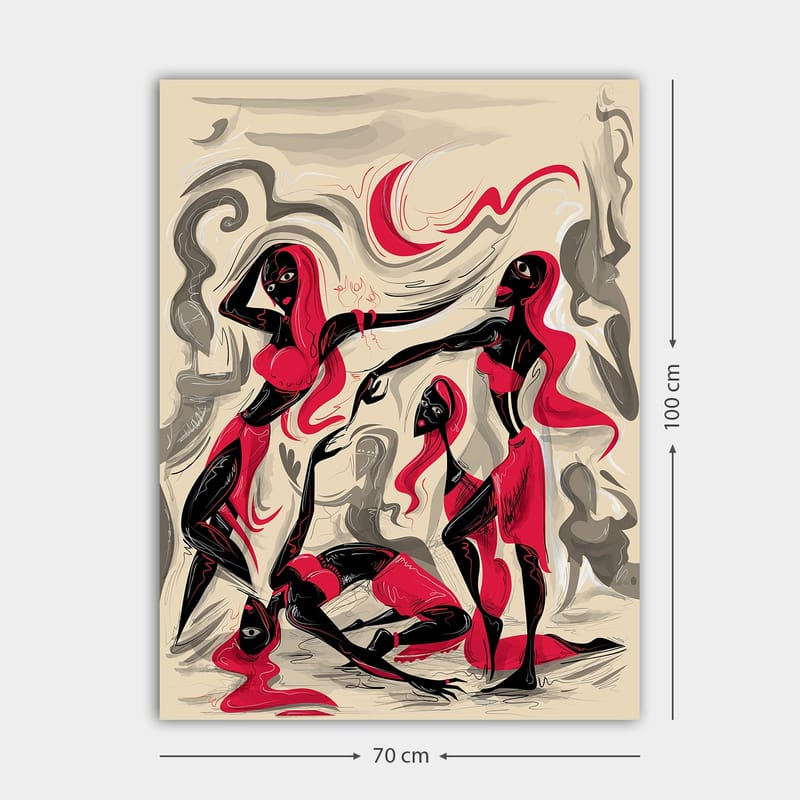 Canvas taulu 70x100 cm - Dynaaminen naisryhmä liikkeessä ilmaisemassa tunteita ja yhteenkuuluvuutta - Punainen / Musta / Beige - Sisustustuotteet - Taulu & taide - Canvas-taulu