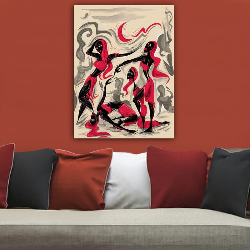 Canvas taulu 70x100 cm - Dynaaminen naisryhmä liikkeessä ilmaisemassa tunteita ja yhteenkuuluvuutta - Punainen / Musta / Beige - Sisustustuotteet - Taulu & taide - Canvas-taulu