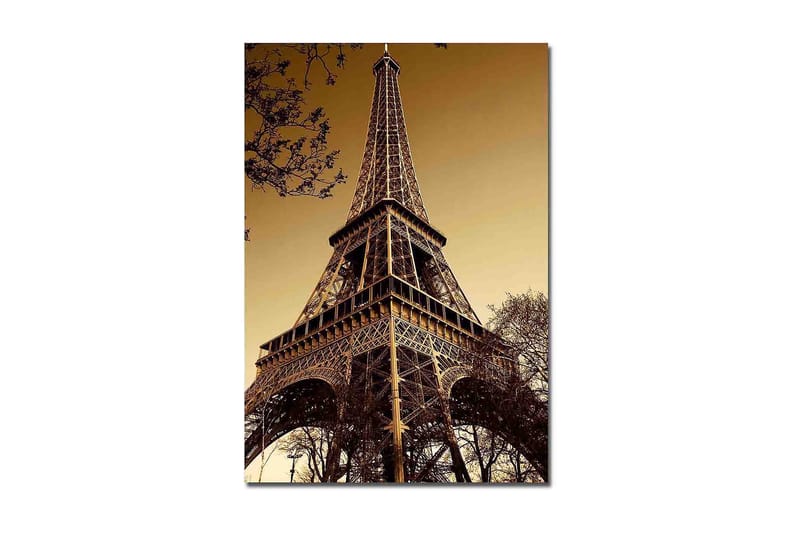 Canvas taulu 70x100 cm - Eiffel-torni dramaattisessa kulmassa, joka korostaa sen vaikuttavaa rakennetta, Kulta / Ruskea