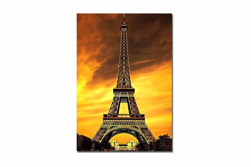 Canvas taulu 70x100 cm - Eiffel-torni dramaattista auringonlaskua vasten, Kulta / Oranssi / Musta