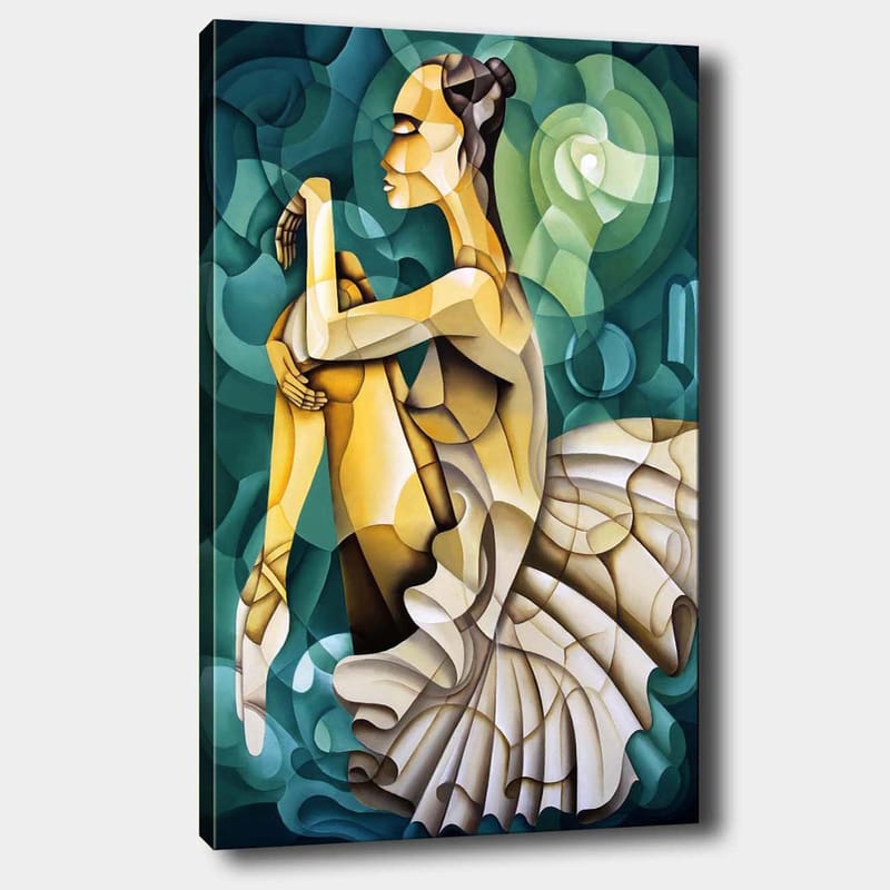 Canvas taulu 70x100 cm - Elegantti balettitanssija tyylitellyssä asennossa, jossa painotetaan liikettä ja muotoa, Kulta / Vihreä / Valkoinen