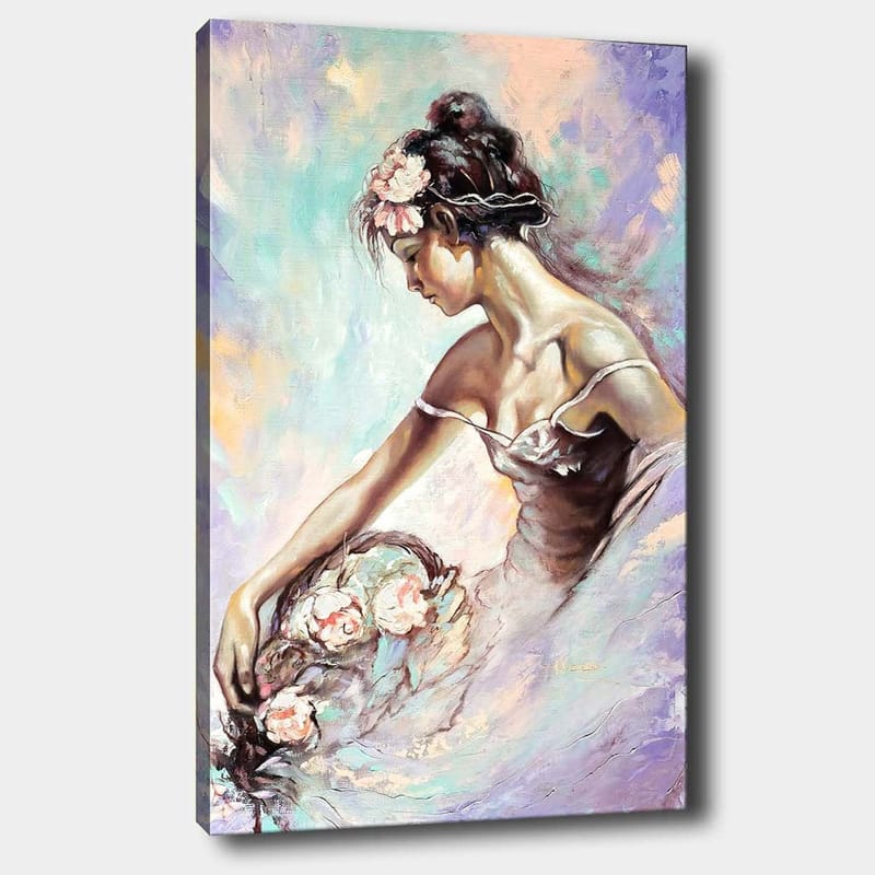 Canvas taulu 70x100 cm - Elegantti balettitanssija poimii kukkia unelmoivalla ja pehmeällä ilmeellä, Vaaleanpunainen / Mintunvihreä / Beige