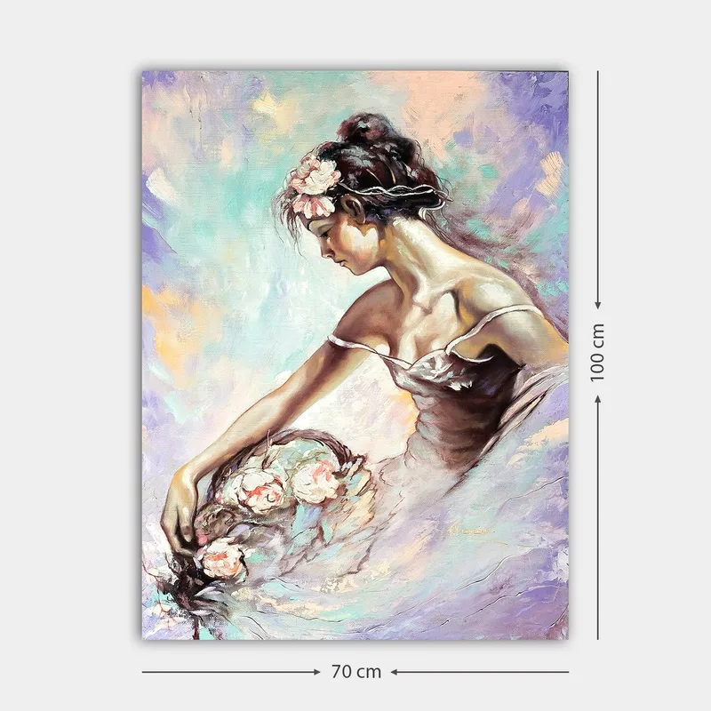Canvas taulu 70x100 cm - Elegantti balettitanssija poimii kukkia unelmoivalla ja pehmeällä ilmeellä - Vaaleanpunainen / Mintunvihreä / Beige - Sisustustuotteet - Taulu & taide - Canvas-taulu