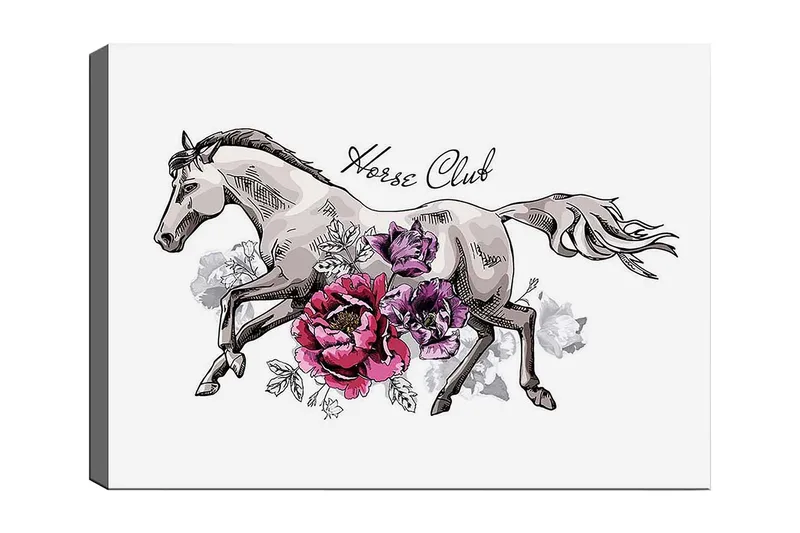 Canvas taulu 70x100 cm - Elegantti hevonen juoksee eteenpäin värikkäiden kukkien ympäröimänä, Harmaa / Vaaleanpunainen / Violetti