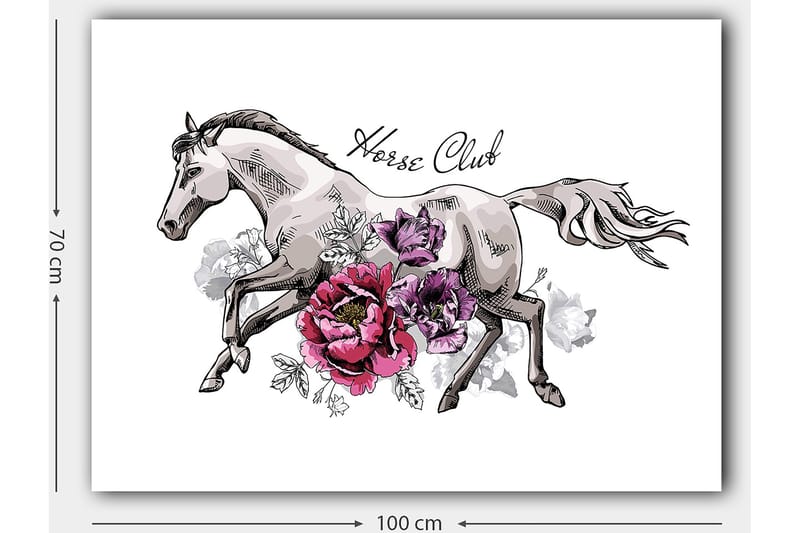 Canvas taulu 70x100 cm - Elegantti hevonen juoksee eteenpäin värikkäiden kukkien ympäröimänä - Harmaa / Vaaleanpunainen / Violetti - Sisustustuotteet - Taulu & taide - Canvas-taulu