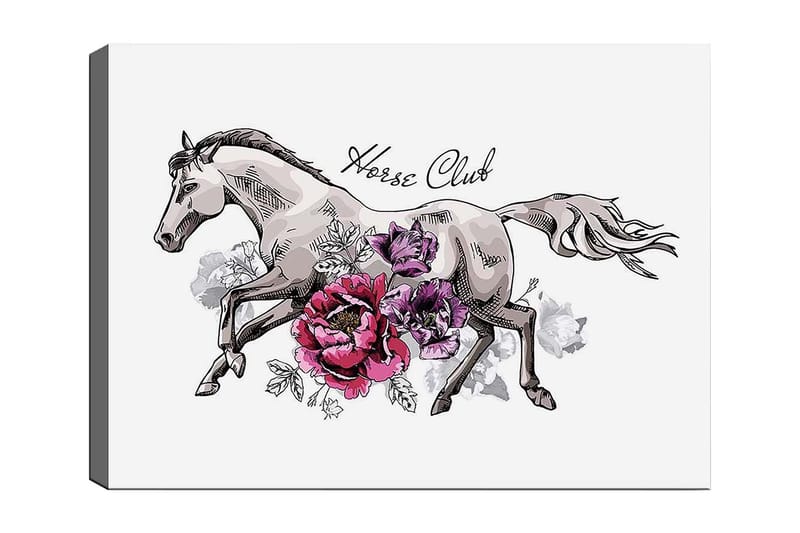 Canvas taulu 70x100 cm - Elegantti hevonen juoksee eteenpäin värikkäiden kukkien ympäröimänä, Harmaa / Vaaleanpunainen / Violetti