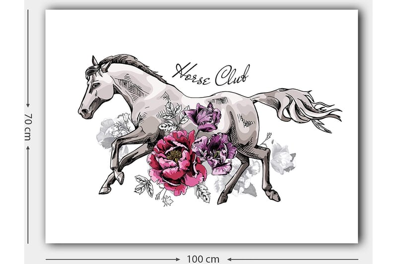 Canvas taulu 70x100 cm - Elegantti hevonen juoksee eteenpäin värikkäiden kukkien ympäröimänä - Harmaa / Vaaleanpunainen / Violetti - Sisustustuotteet - Taulu & taide - Canvas-taulu
