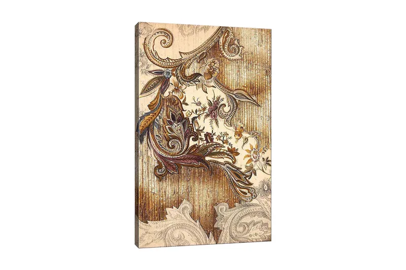 Canvas taulu 70x100 cm - Elegantti ja yksityiskohtainen kasviaiheinen koriste kaarevilla muodoilla ja kukkakuvioilla, Kulta / Ruskea / Beige