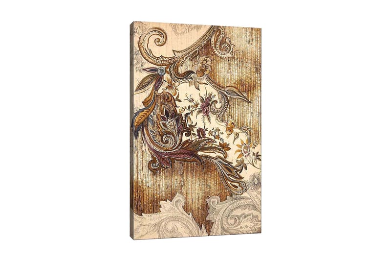 Canvas taulu 70x100 cm - Elegantti ja yksityiskohtainen kasviaiheinen koriste kaarevilla muodoilla ja kukkakuvioilla, Kulta / Ruskea / Beige