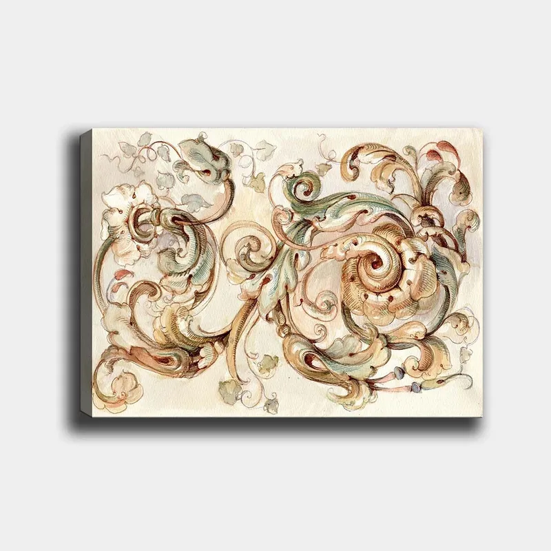 Canvas taulu 70x100 cm - Elegantti ja yksityiskohtainen koristelu pyörteilevillä muodoilla ja kukkaelementeillä, Vihreä / Beige / Ruskea
