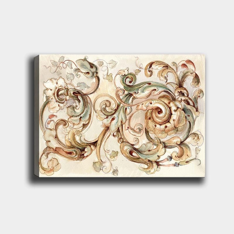 Canvas taulu 70x100 cm - Elegantti ja yksityiskohtainen koristelu pyörteilevillä muodoilla ja kukkaelementeillä, Vihreä / Beige / Ruskea